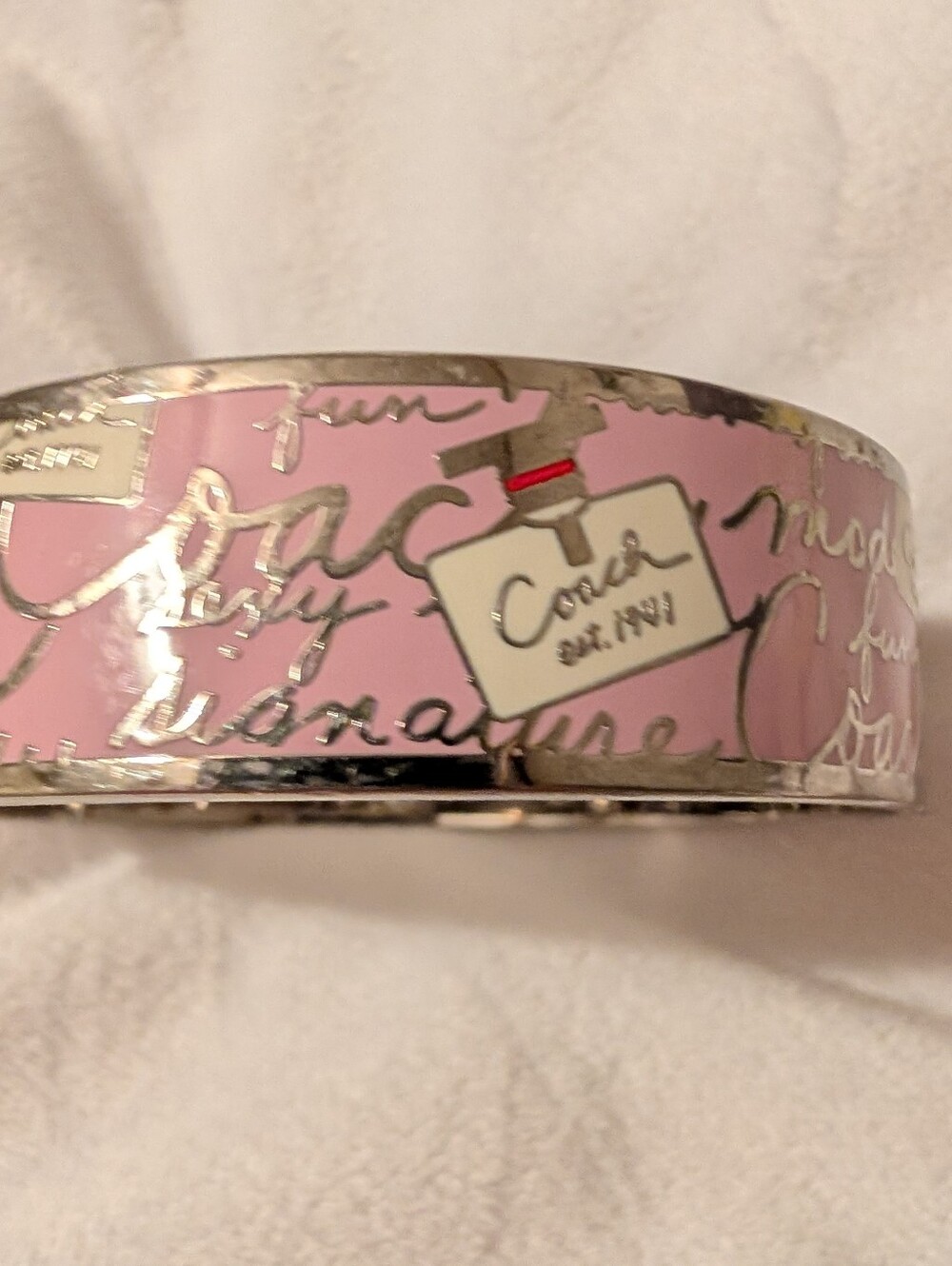 Coach Pink Script Perfume Bottle Enamel Bangle Bracelet Pink Silver Like New - Picture 3 of 13